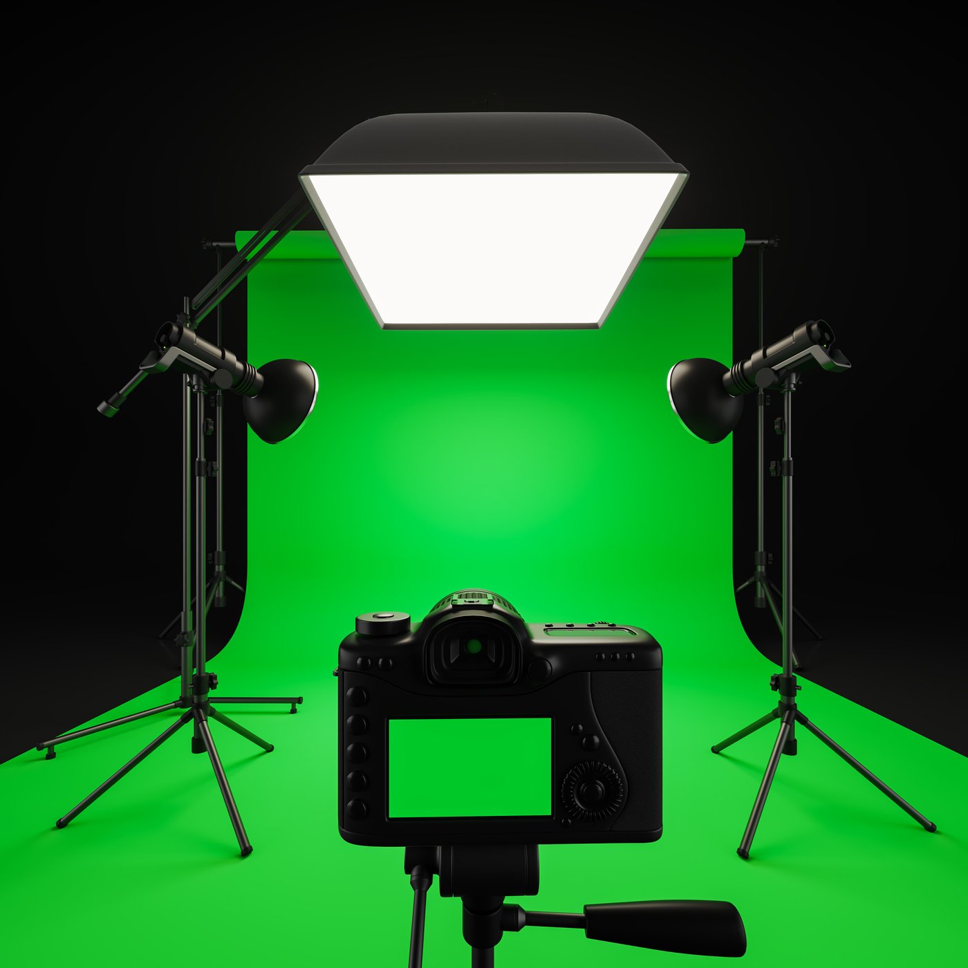 Broadcast studio with chromakey, camera and monolights